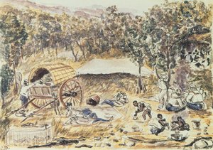 Halté du soir en route pour chercher une route pour le transport de la Dame Nyasa des chutes au lac, vers 1863 - English School